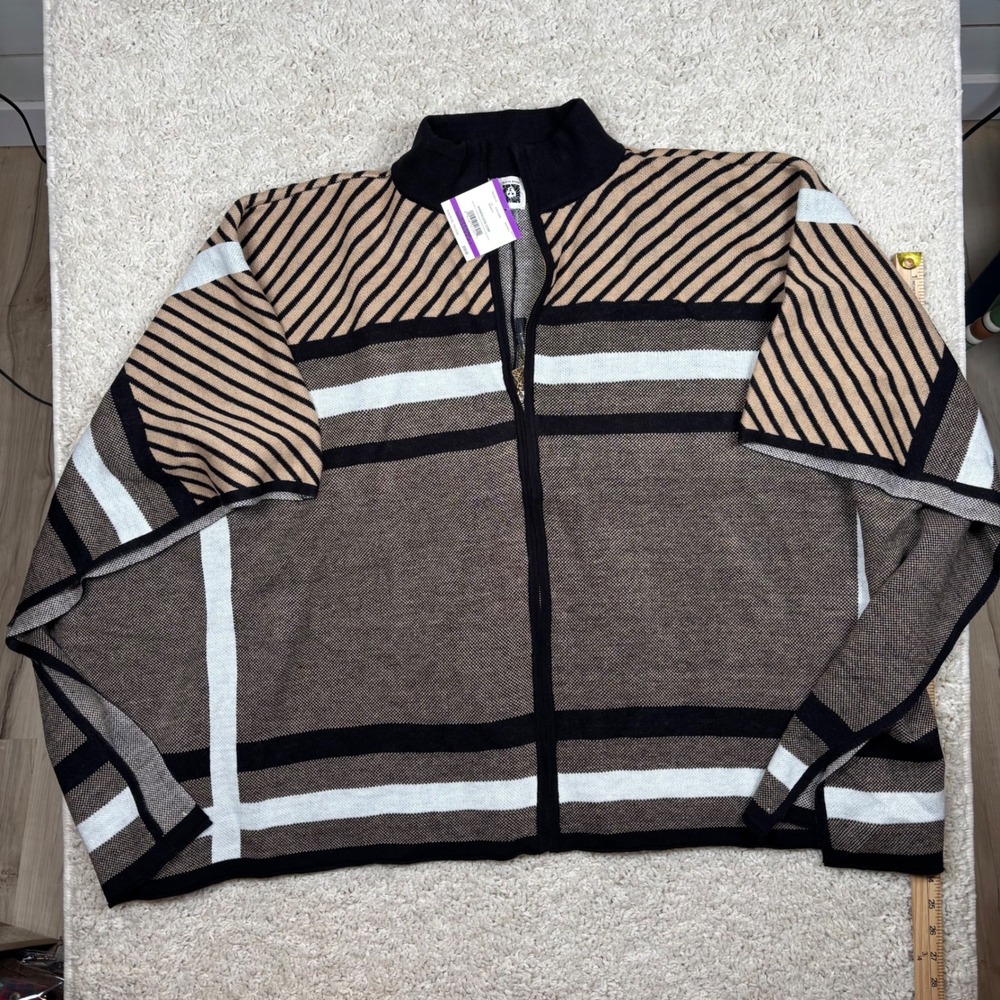 Anne Klein Women Knit Zip Up Jacket Geometric Stripe Black Tan Size‎ 1X